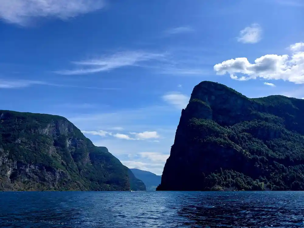 A dark headland cutting into a blue fjord under a clear sky