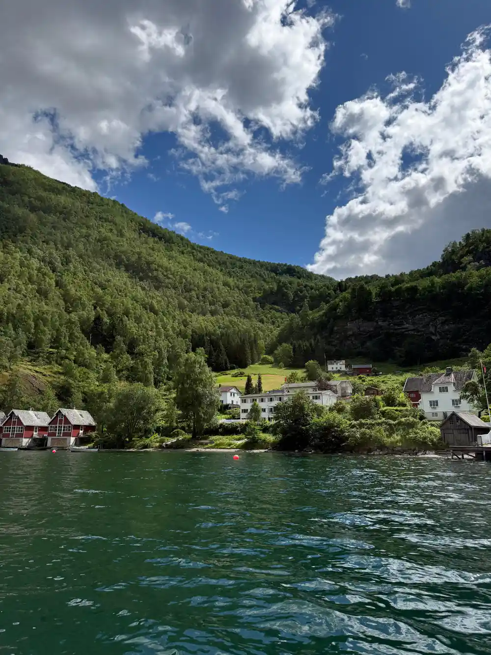 A farm and red buildings on the shore below a wooded mountain