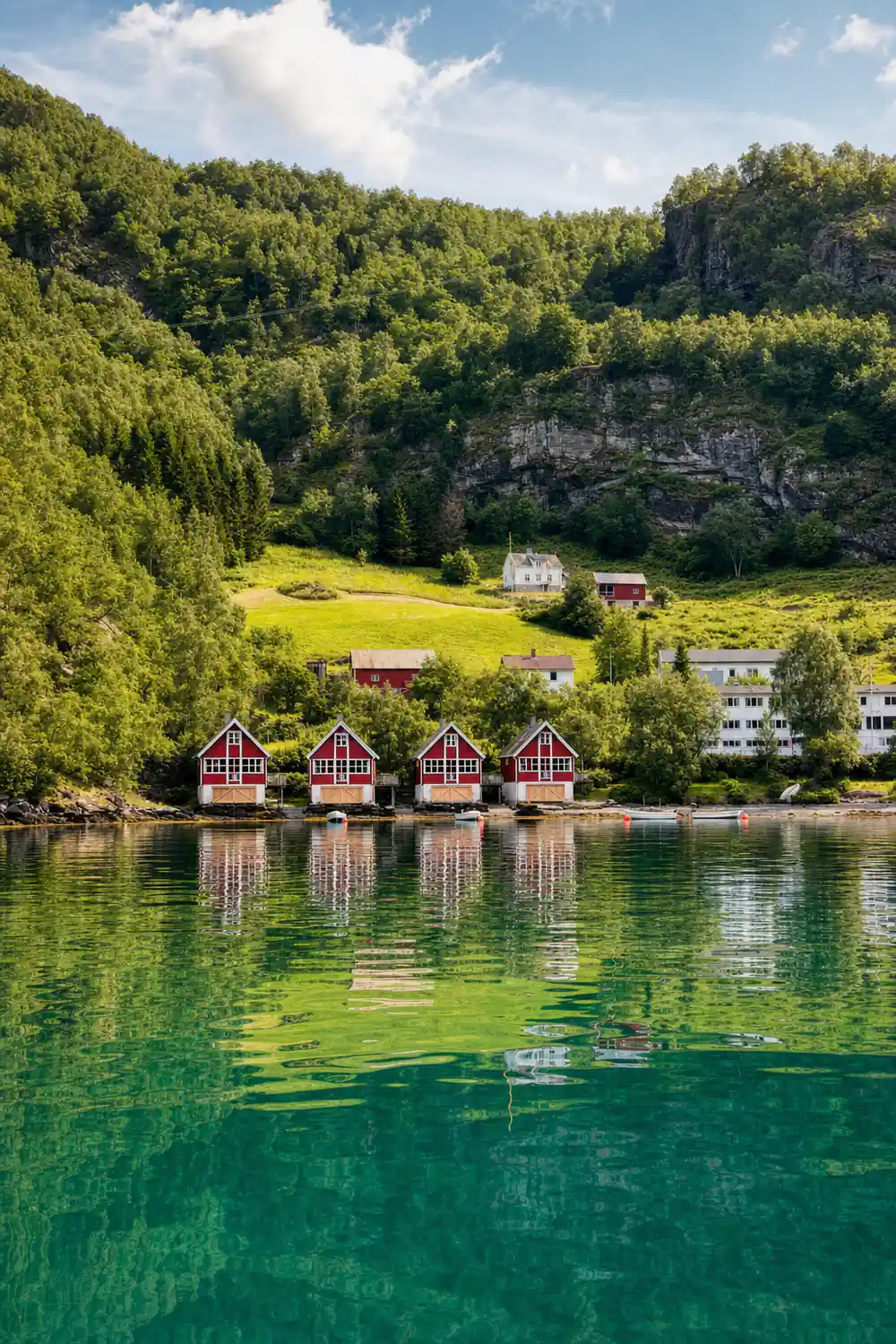 Red boathouses and a white farm on a green shelf above the fjord